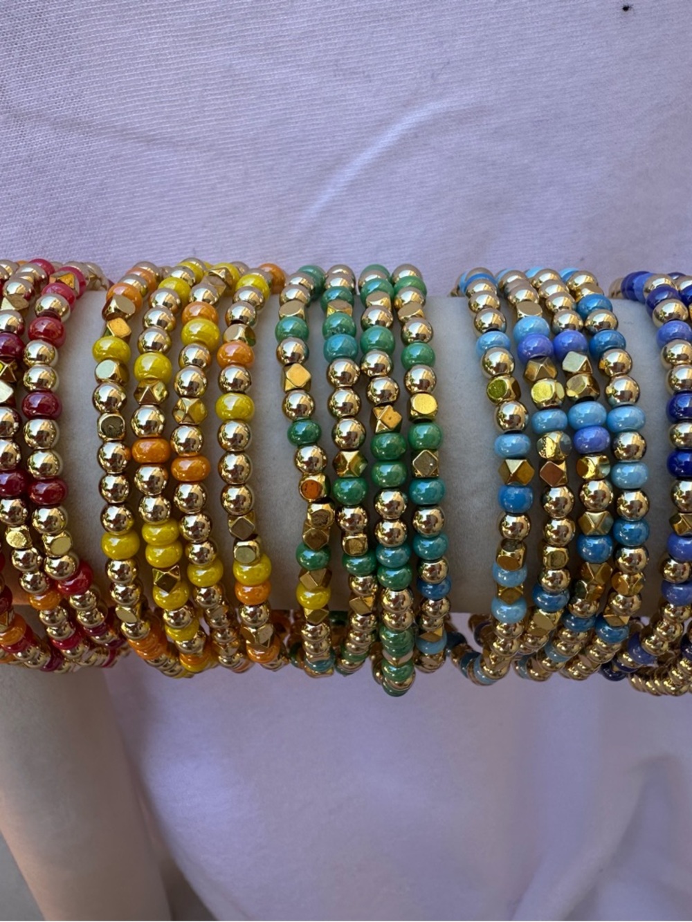 Hand Crafted Multi-Color Beaded Stretch Bracelet Set with Gold Accents